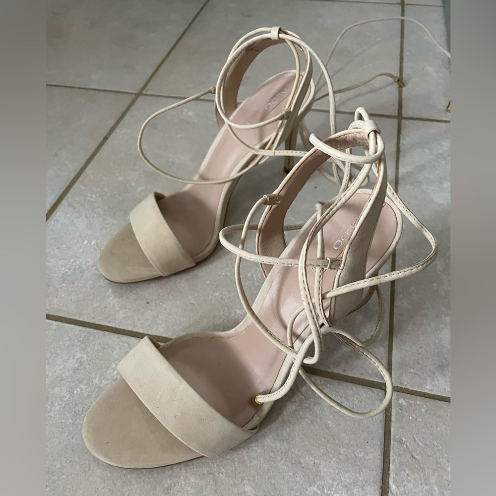 Aldo Beige/Cream Strappy Kitten Sandal Heel